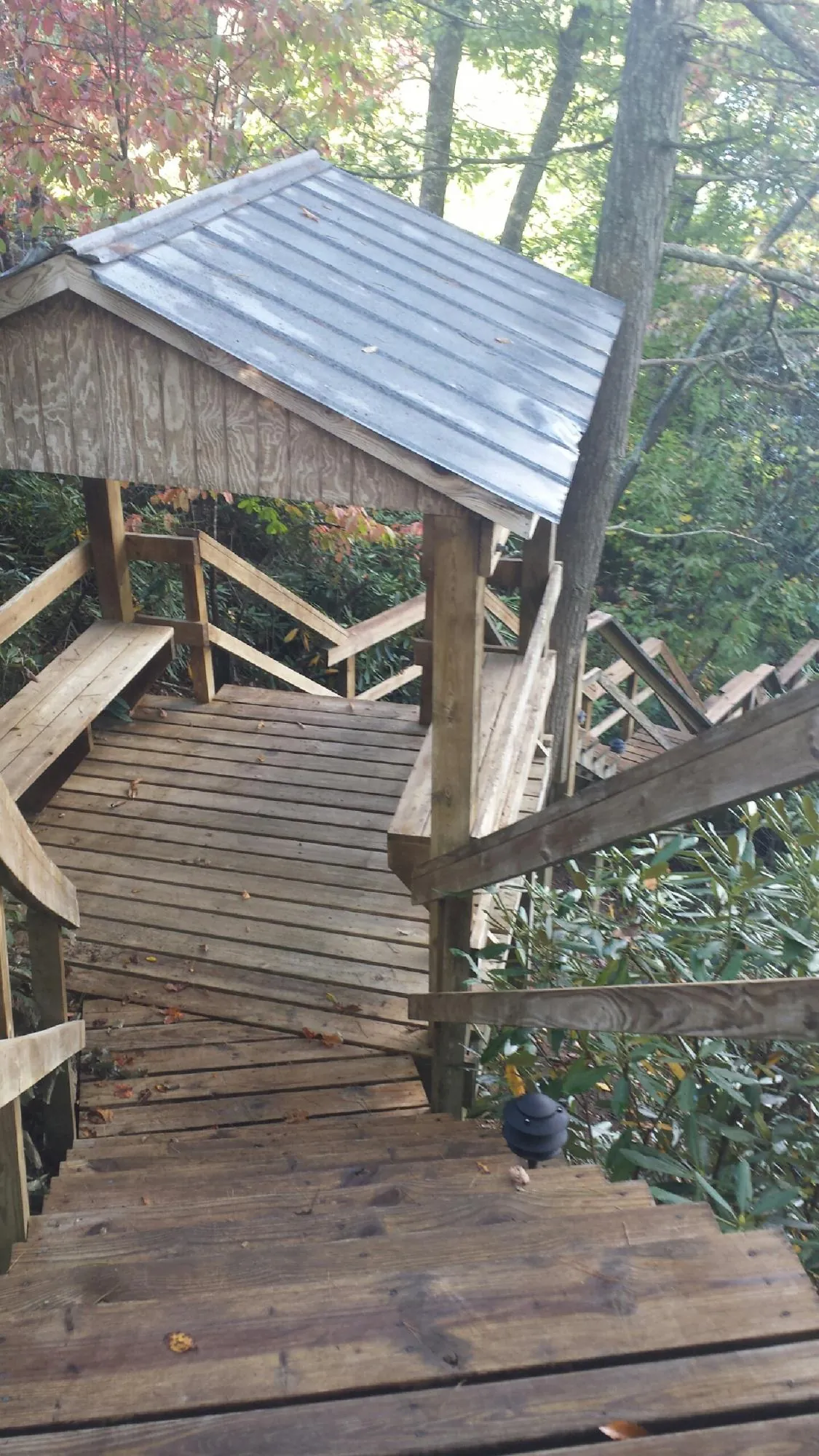 Metal roofed shelter over wooden steps on a wooded walkway in Stockdale